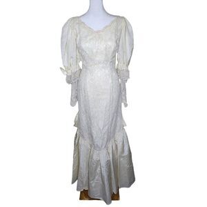 Vintage 80s Lace Wedding Dress Womens S White Bow Seed Pearls Mutton Sleeves Tru